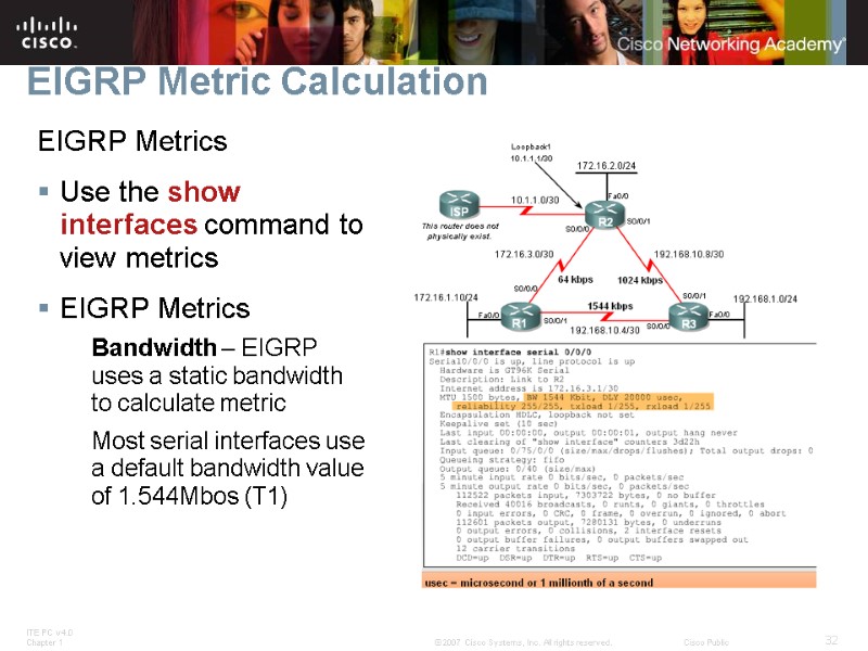 EIGRP Metric Calculation EIGRP Metrics Use the show interfaces command to view metrics EIGRP